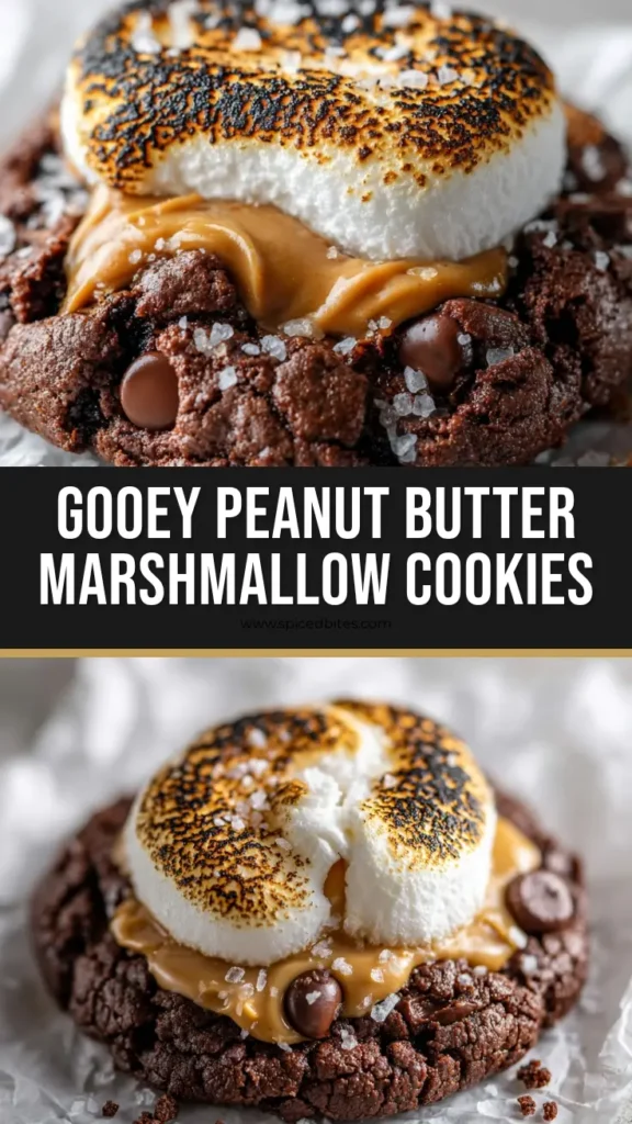 A towering stack of thick baked dark chocolate cookies featuring melted peanut butter, toasted marshmallows, and flaky sea salt. (Chocolate Peanut Butter Marshmallow Cookies)