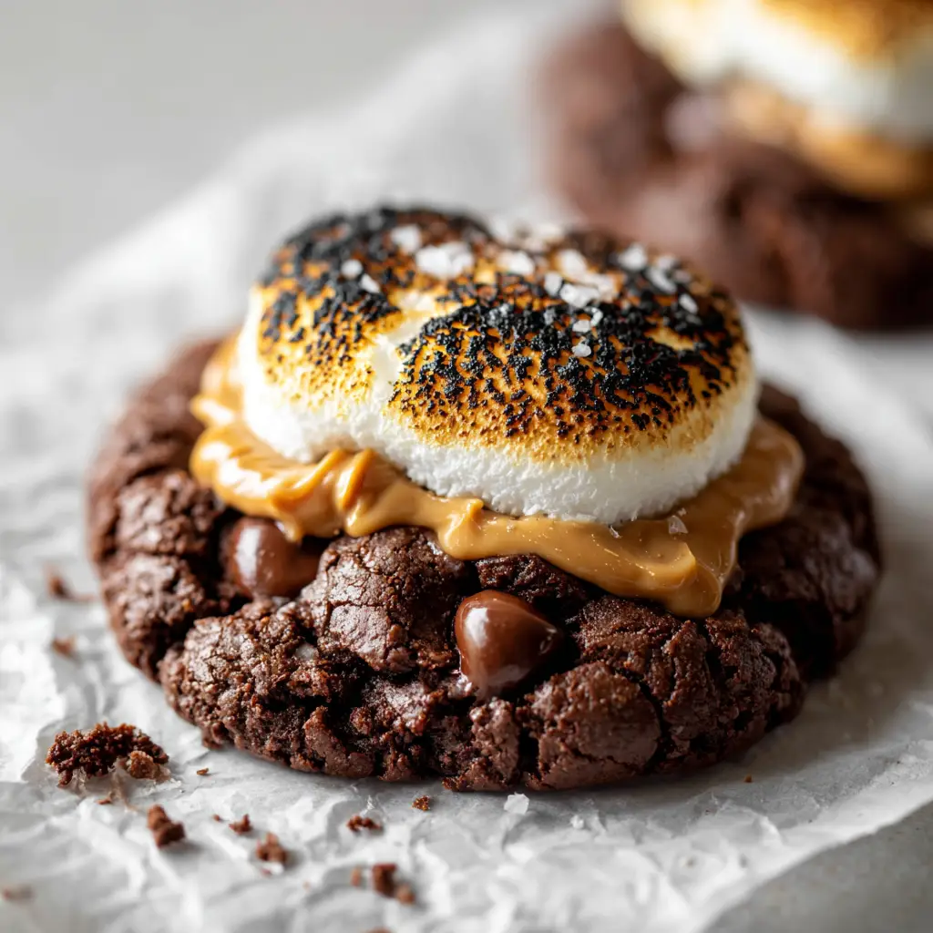 Detailed shot showing the gooey melted white interior of a toasted marshmallow on top of a fudgy dark chocolate cookie.