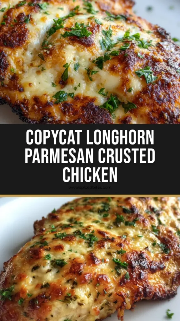 Longhorn Parmesan Chicken: The Ultimate Copycat Recipe 4 A close-up of Longhorn Parmesan Chicken on a white plate, featuring a golden-brown, bubbly cheese crust and a fresh parsley garnish.