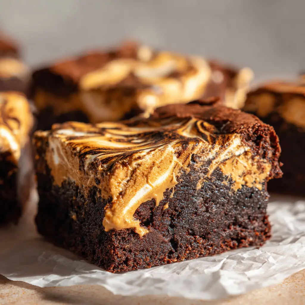 Ultimate Decadent Fluffernutter Brownies 1 Crackly baked brownie edges featuring thick toasted marshmallow fluff on a rustic wooden countertop.