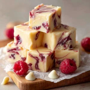 The Ultimate White Chocolate Raspberry Fudge (Creamy & Foolproof) 3 Thick squares of dense, creamy white chocolate raspberry fudge stacked on parchment paper, garnished with fresh raspberries and white chocolate chips. (White Chocolate Raspberry Fudge)