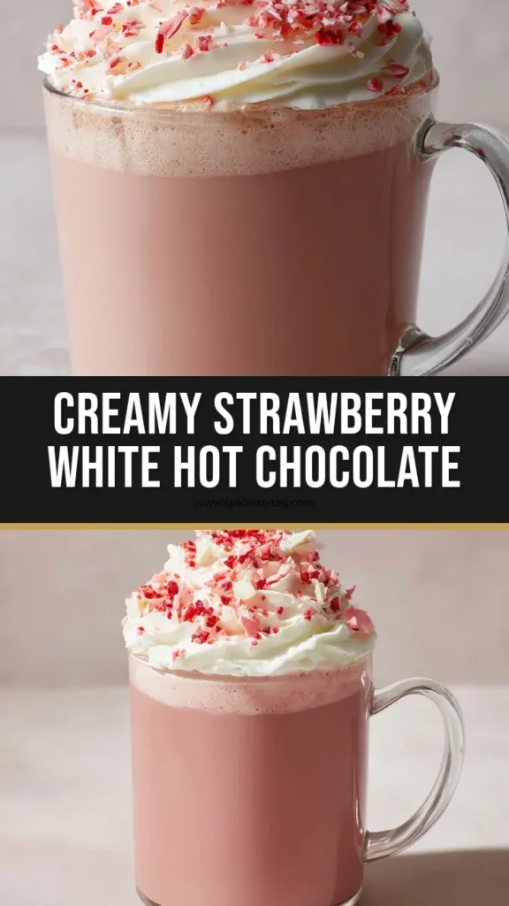 A clear glass mug of creamy pastel pink Strawberry Hot Chocolate, topped with a tall swirl of whipped cream and garnished with crushed strawberries and white chocolate shavings.