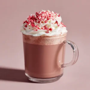 Side view of a Strawberry Hot Chocolate in a glass mug showing its opaque pink color and fluffy whipped cream topping against a neutral background.