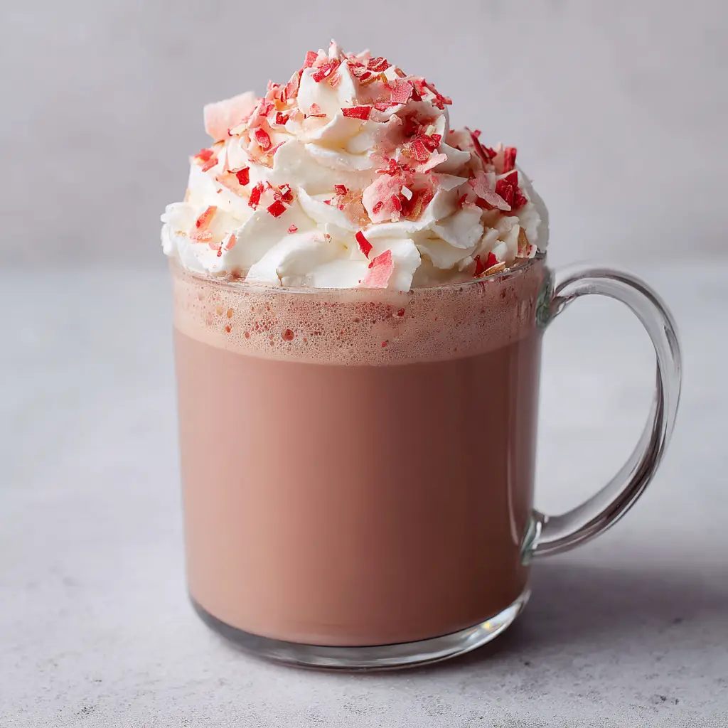 A close-up of the toppings on a strawberry hot chocolate: finely crushed red freeze-dried strawberry pieces and delicate white chocolate shavings on whipped cream.