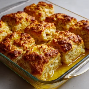 Butter Swim Biscuits: The Easiest, Most Buttery Recipe 3 A close-up view of square-cut butter swim biscuits showcasing their craggy, golden-brown tops and fluffy texture inside a glass dish. (Butter Swim Biscuits)