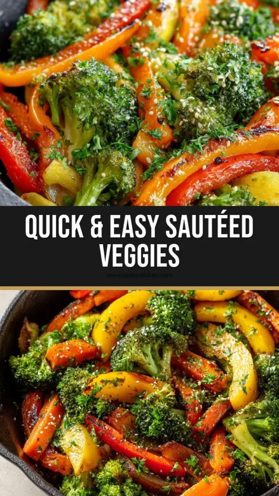 Healthy Sautéed Vegetables (The Perfect 15-Minute Skillet Recipe) 4 A close-up overhead shot of healthy sautéed vegetables in a black cast iron skillet. Includes charred broccoli, sliced carrots, yellow squash, and red bell peppers, garnished with parsley and sesame seeds.
