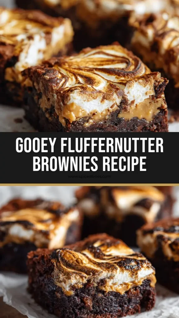 Ultimate Decadent Fluffernutter Brownies 4 A close-up of decadent Fluffernutter Brownies with toasted marshmallow fluff and creamy peanut butter swirls.