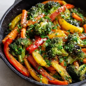 Healthy Sautéed Vegetables (The Perfect 15-Minute Skillet Recipe) 3 A dark skillet filled with brightly colored healthy sautéed vegetables, including broccoli with charred edges and sliced carrots, glistening under natural light.