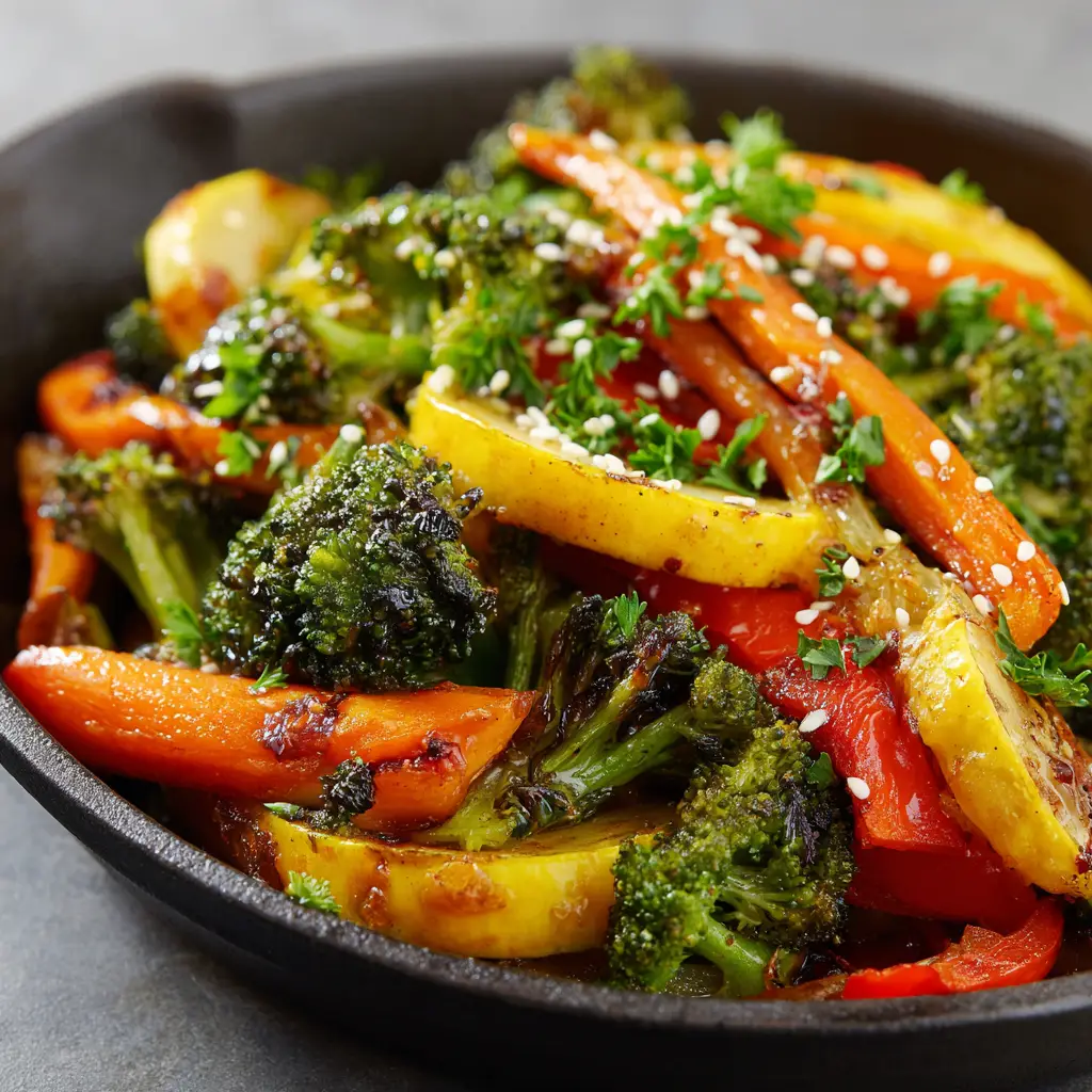 Healthy Sautéed Vegetables (The Perfect 15-Minute Skillet Recipe) 1 An angled view of sautéed broccoli, carrots, squash, and bell peppers, showing the glossy oil coating and sprinkle of toasted sesame seeds.