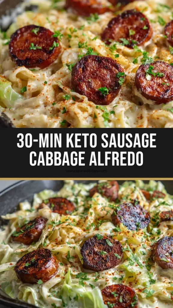 Keto Cajun Sausage Cabbage Alfredo: A 30-Minute Skillet Dream 4 A close-up handheld smartphone photo of Keto Cajun Sausage Cabbage Alfredo in a dark cast-iron skillet, featuring charred sausage, creamy sauce, and fresh parsley.