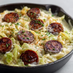 Keto Cajun Sausage Cabbage Alfredo: A 30-Minute Skillet Dream 3 An overhead view of the Keto Cajun Sausage Cabbage Alfredo in a cast-iron skillet, showing the tender cabbage strands coated in a thick, glossy Alfredo sauce.