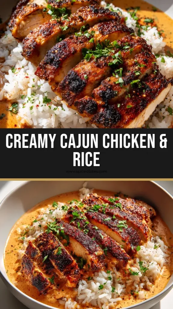A close-up overhead shot of a bowl of creamy Cajun chicken served over fluffy garlic rice, garnished with fresh parsley and paprika.