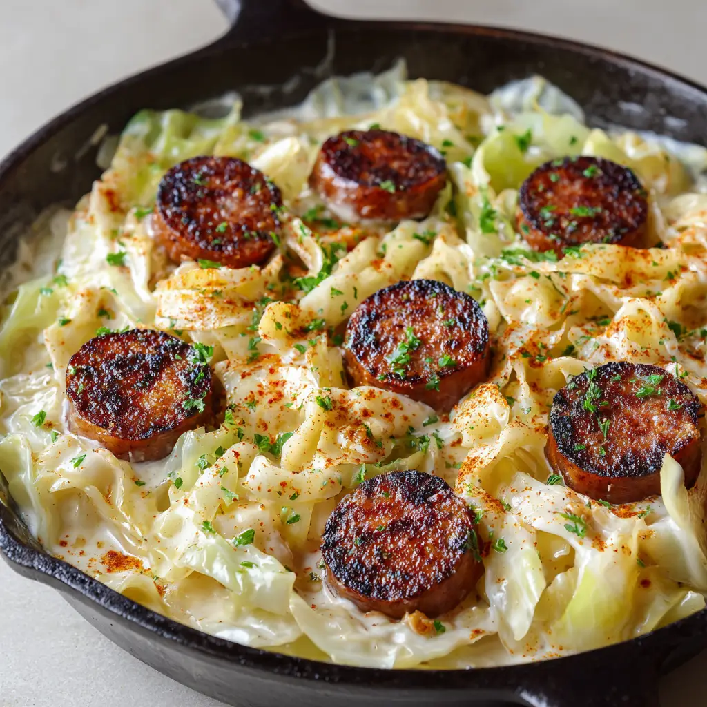 Keto Cajun Sausage Cabbage Alfredo: A 30-Minute Skillet Dream 1 A close-up shot focusing on the pan-seared smoked sausage with crispy, charred edges mixed into the creamy cabbage alfredo.