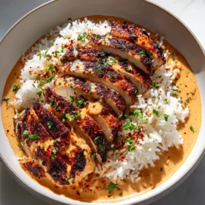A close-up view of a shallow ceramic bowl containing a bed of fluffy, glistening white garlic rice, topped with slices of pan-seared chicken in a creamy Cajun sauce. (Creamy Cajun Chicken)