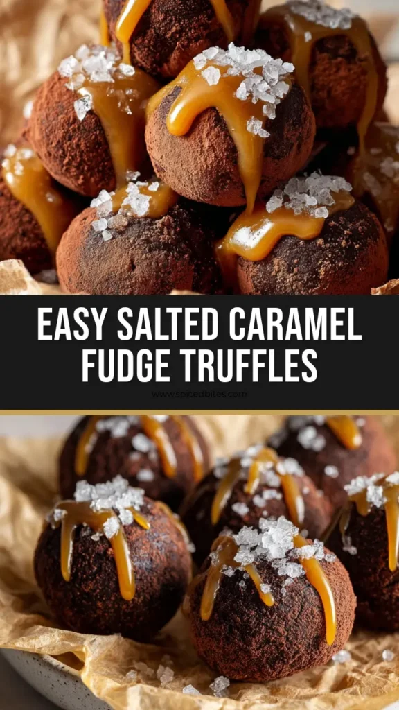 Salted Caramel Truffles: A Decadent No-Bake Recipe 4 A close-up of homemade Salted Caramel Truffles on parchment paper. The dark chocolate fudge balls are dusted with cocoa powder, drizzled with glossy caramel, and sprinkled with flaky sea salt.