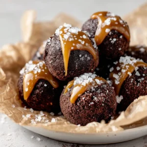 Salted Caramel Truffles: A Decadent No-Bake Recipe 3 A detailed shot of round Salted Caramel Truffles on a white plate. The focus is on the thick, golden-brown caramel drizzle and crystalline salt flakes.