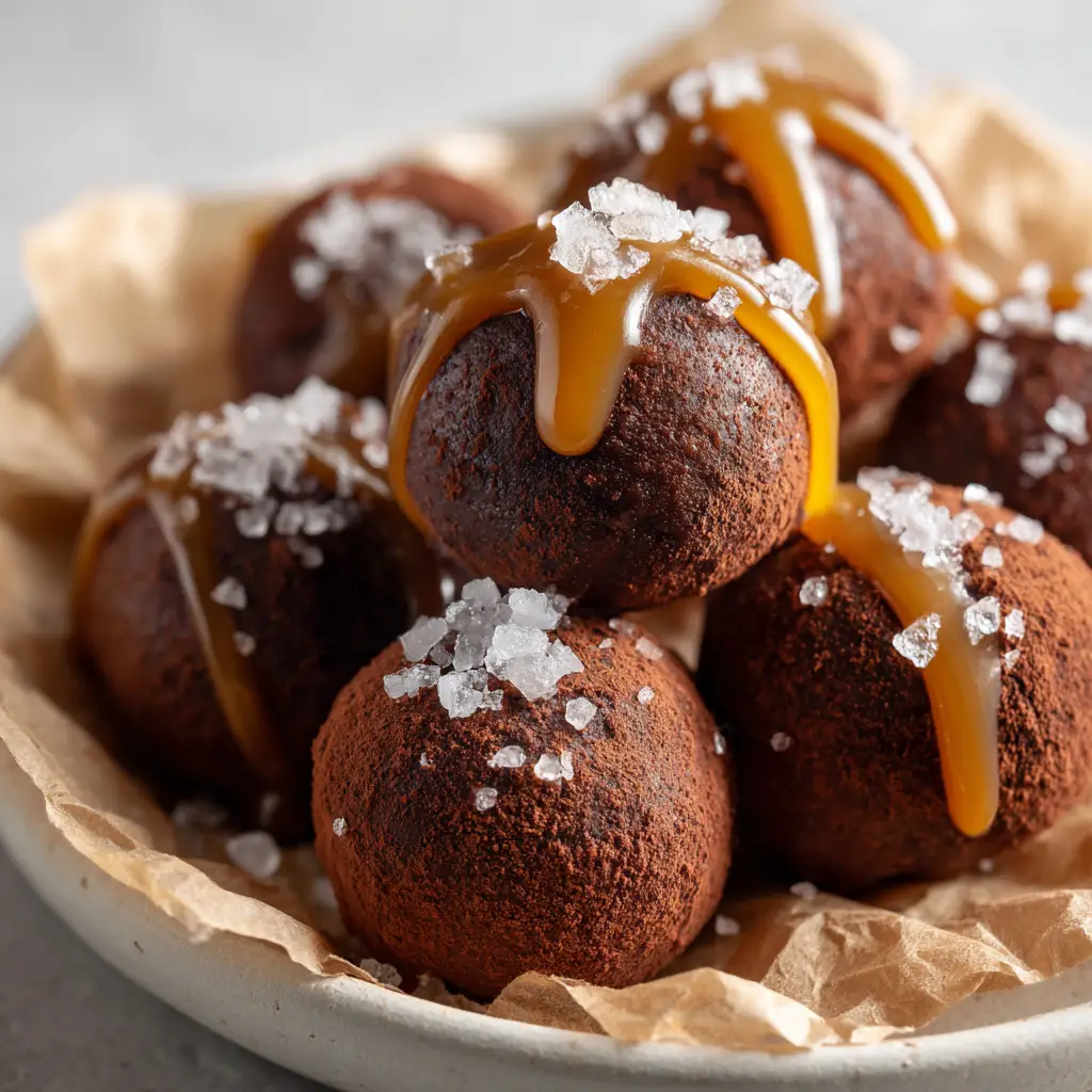 Salted Caramel Truffles: A Decadent No-Bake Recipe 1 Homemade Salted Caramel Truffles being drizzled with glossy caramel sauce.