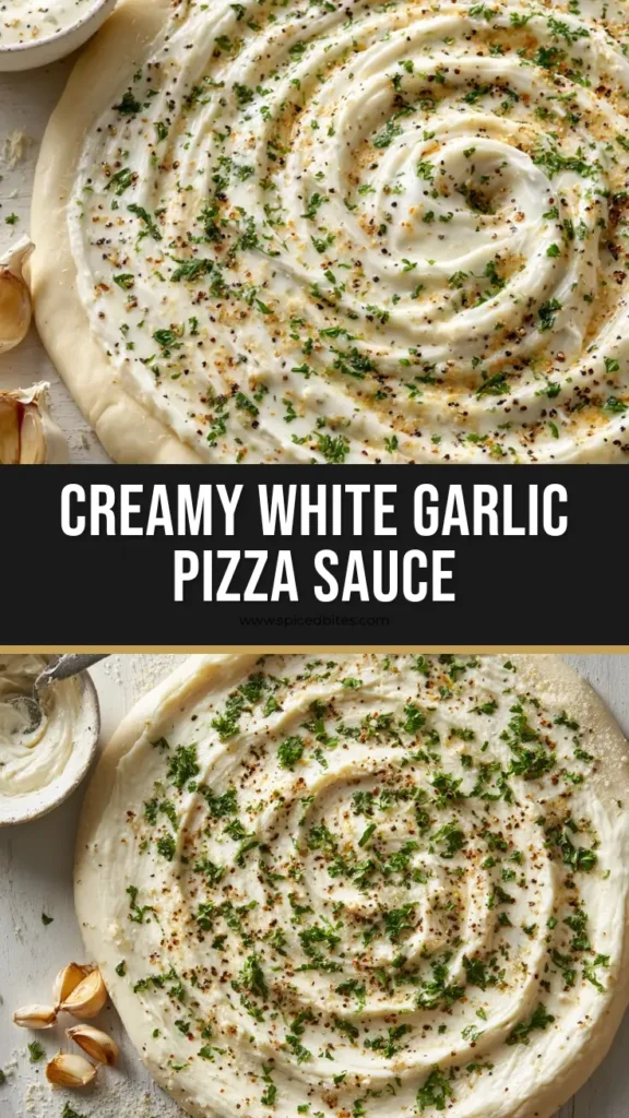 A shareable pin image featuring a bowl of creamy white garlic pizza sauce next to a pizza base, with text overlay for Pinterest.