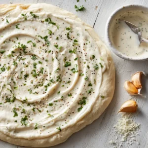A close-up shot showing the thick, velvety texture of the white garlic pizza sauce as it's being spread on raw pizza dough.