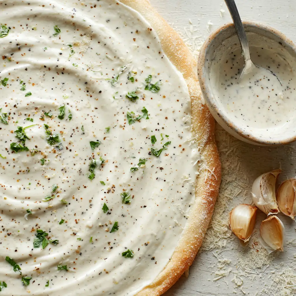 A rustic white ceramic bowl filled with the finished white garlic pizza sauce, showcasing its glossy sheen, pepper specks, and parsley flakes.