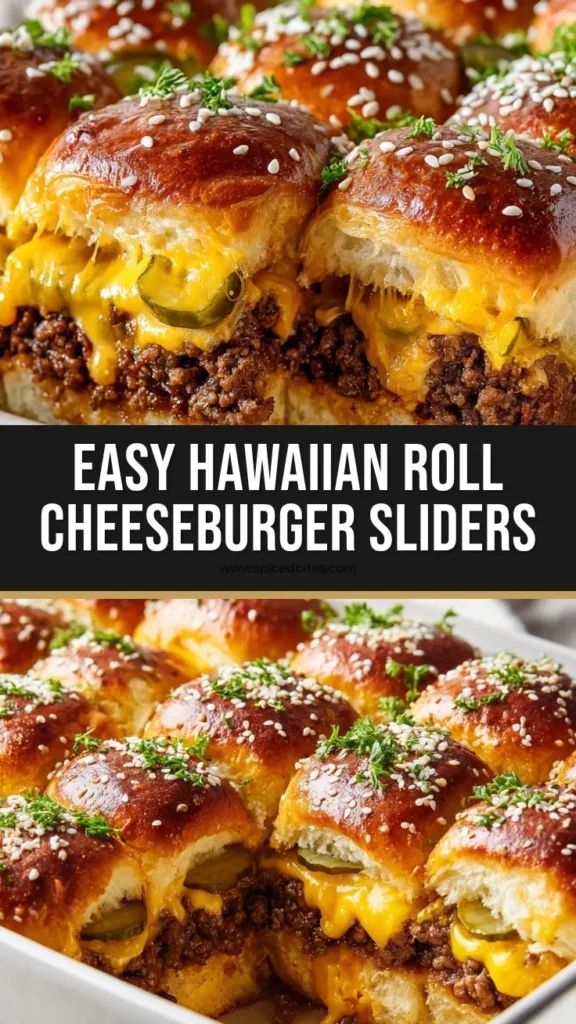 Hawaiian Roll Cheeseburger Sliders: The Ultimate Pull-Apart Recipe 4 A close-up overhead shot of Hawaiian Roll Cheeseburger Sliders fresh from the oven in a white baking dish. The tops are golden brown, glossy, and covered in sesame seeds, minced onion, and parsley.