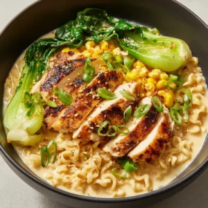 Creamy Garlic Chicken Ramen with Golden Pan-Seared Poultry 3 Close-up of Creamy Garlic Chicken Ramen showing the velvety pale-tan broth and golden-brown pan-seared chicken breast.