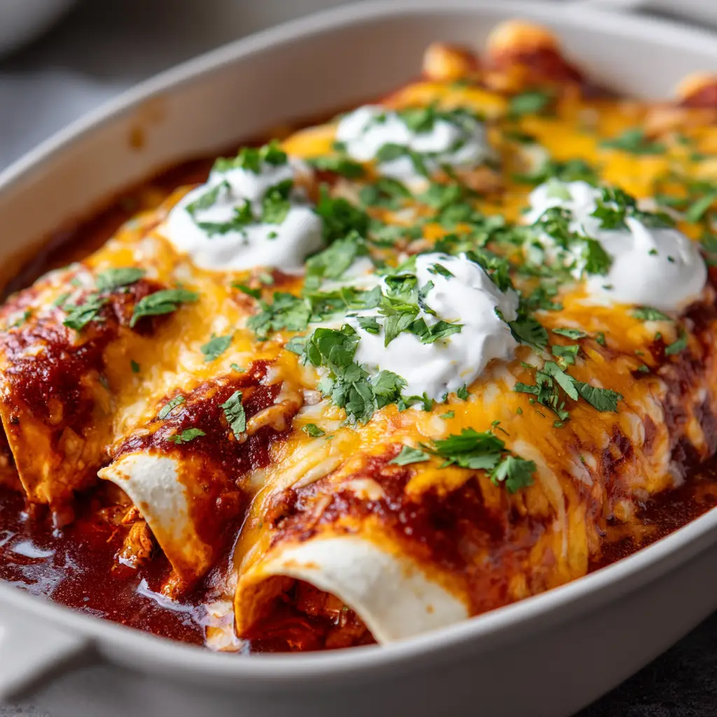 A close-up shot of rolled corn tortillas filled with chicken and covered in melted Monterey Jack. (High Protein Chicken Enchiladas)