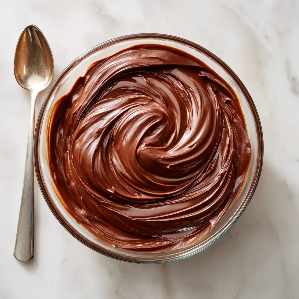 Chocolate Cake Filling Recipe: The Ultimate Glossy Milk Chocolate Ganache 1 Handheld shot of thick milk chocolate ganache being swirled with a silver spoon. (Chocolate Cake Filling Recipe)