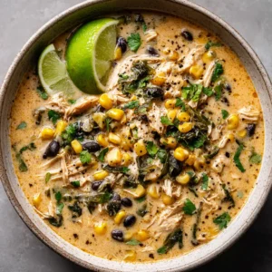 Overhead view of Chicken Poblano Soup in a gray stoneware bowl, showing the thick orange base and colorful vegetable ingredients.