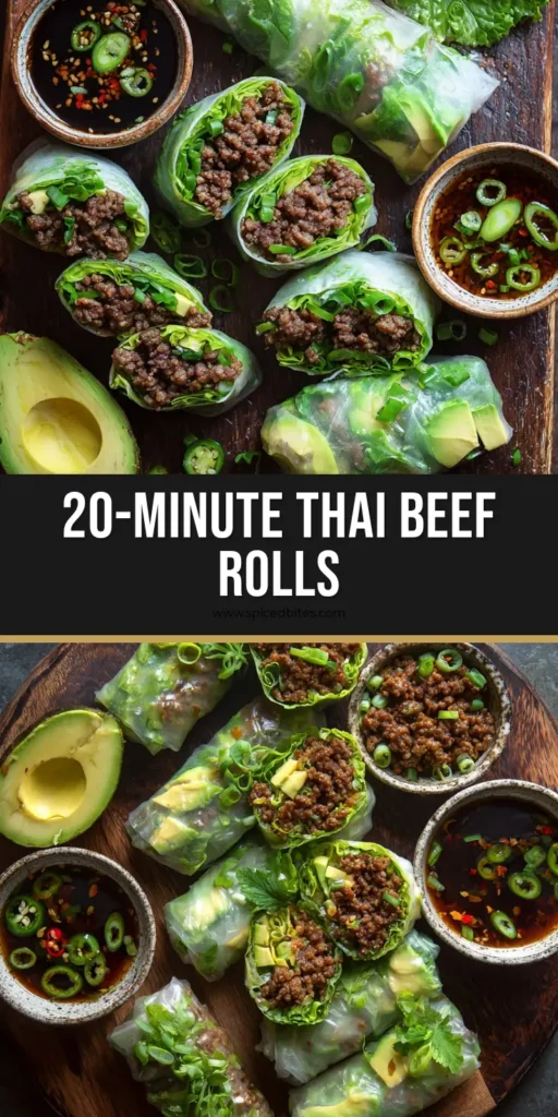 Thai Basil Beef Rolls: Fresh Summer Rolls with Savory Umami Filling 4 A vertical Pinterest pin showing Thai Basil Beef Rolls arranged on a dark board with green onions and dipping sauces.