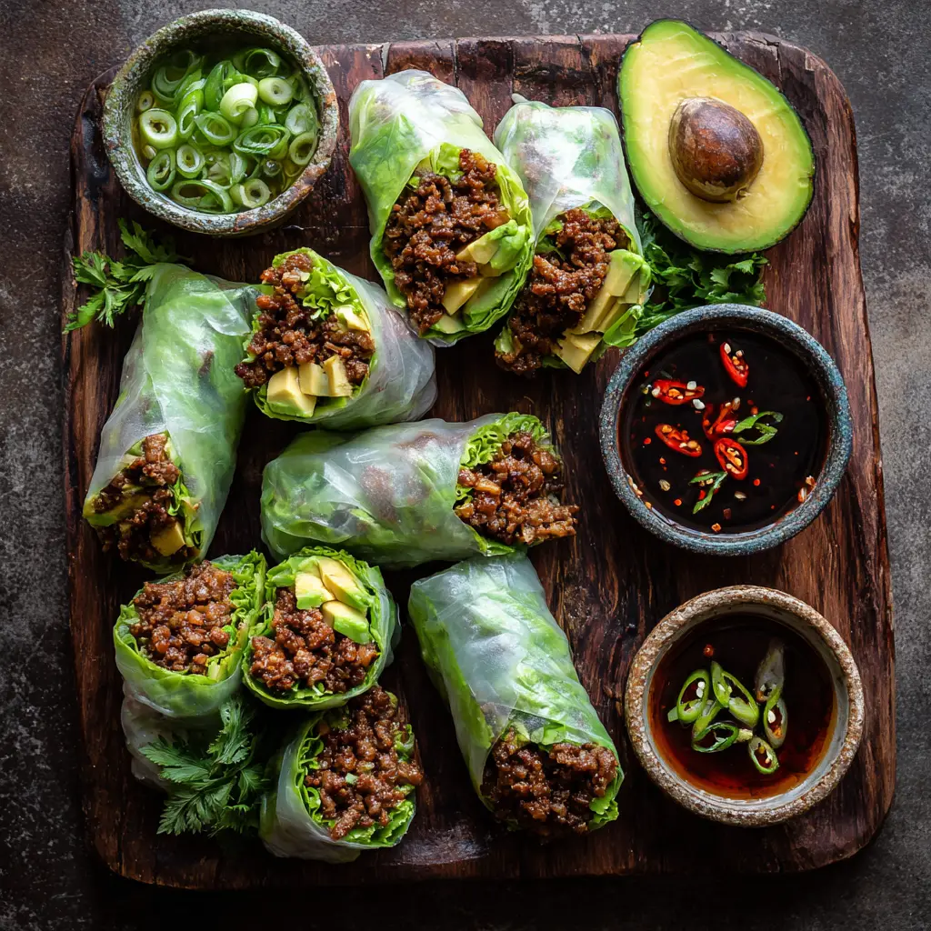 Thai Basil Beef Rolls: Fresh Summer Rolls with Savory Umami Filling 1 Close up of halved Thai Basil Beef Rolls revealing crumbled beef and fresh avocado. (Thai Basil Beef Rolls)