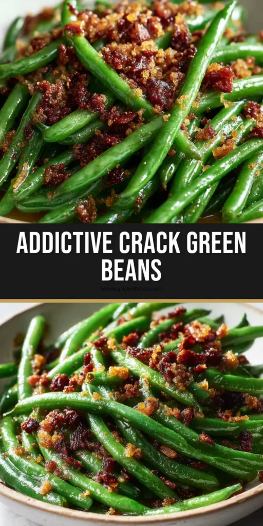 Crack Green Beans with Crispy Bacon and Caramelized Sugar 4 A close-up shot of glossy Crack Green Beans in a ceramic bowl topped with crispy bacon and caramelized sugar crumbles.