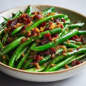 Crack Green Beans with Crispy Bacon and Caramelized Sugar 3 Vibrant green, glossy sautéed Crack Green Beans with a clear glaze and reddish-brown bacon.