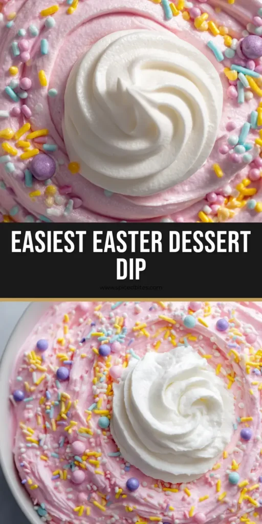 Easter Dessert Dip: The Fluffiest Cream Cheese Pink Party Treat 4 An overhead view of a bowl of thick pink Easter Dessert Dip with a white whipped cream swirl and pastel sprinkles.