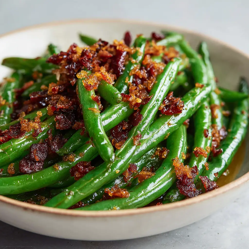 Crack Green Beans with Crispy Bacon and Caramelized Sugar 1 A top-down view of Crack Green Beans showing finely crumbled caramelized sugar and bacon bits.