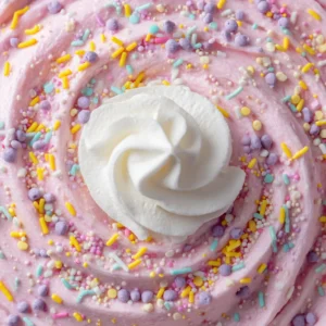 Easter Dessert Dip: The Fluffiest Cream Cheese Pink Party Treat 3 Extreme close-up of swirled pink cream cheese dip with yellow, pink, and blue sprinkles. (Easter Dessert Dip)