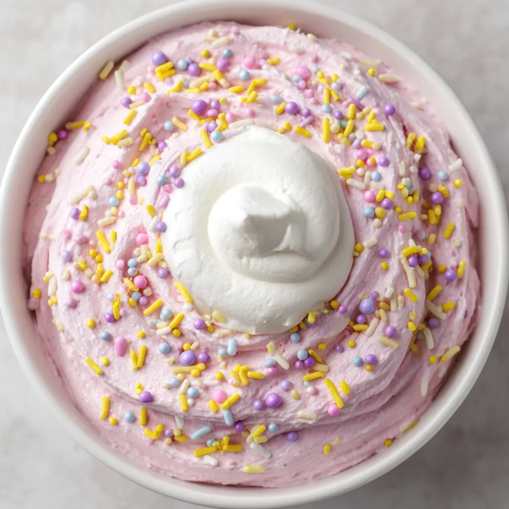 Easter Dessert Dip: The Fluffiest Cream Cheese Pink Party Treat 1 Direct overhead shot of a pink frosting-like dip with a large white whipped topping dollop and pastel jimmies.