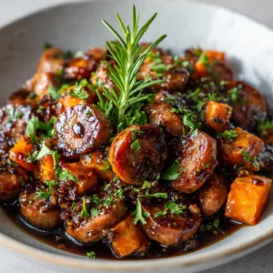 Sausage rounds with charred edges and roasted sweet potatoes coated in a dark, glossy honey garlic glaze. (Honey Garlic Sausage)