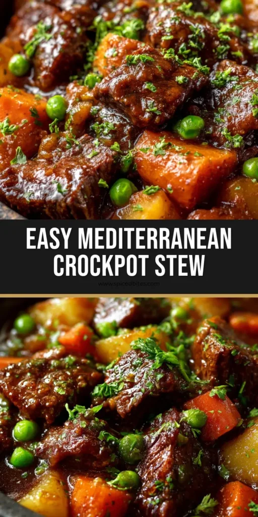 Close-up of Slow Cooker Mediterranean Beef Stew with seared beef, potatoes, and peas in a brown gravy.