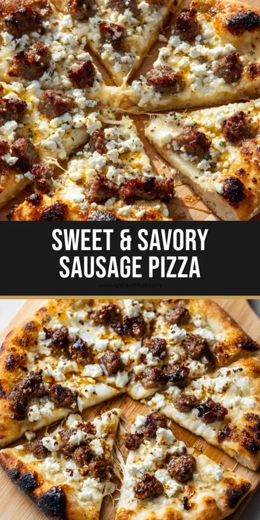 A thick-crust Sausage Feta Honey Pizza on a wooden board featuring stringy mozzarella, browned sausage pieces, and a glistening honey drizzle.