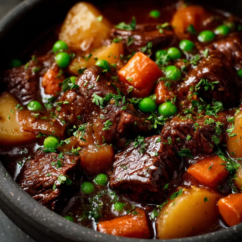 Spoonful of Slow Cooker Mediterranean Beef Stew showing tender carrots and potatoes.