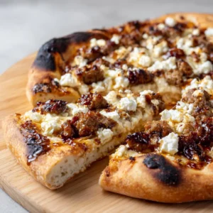 Sausage Feta Honey Pizza sliced on a light wooden board showing charred blisters on the golden-brown crust.