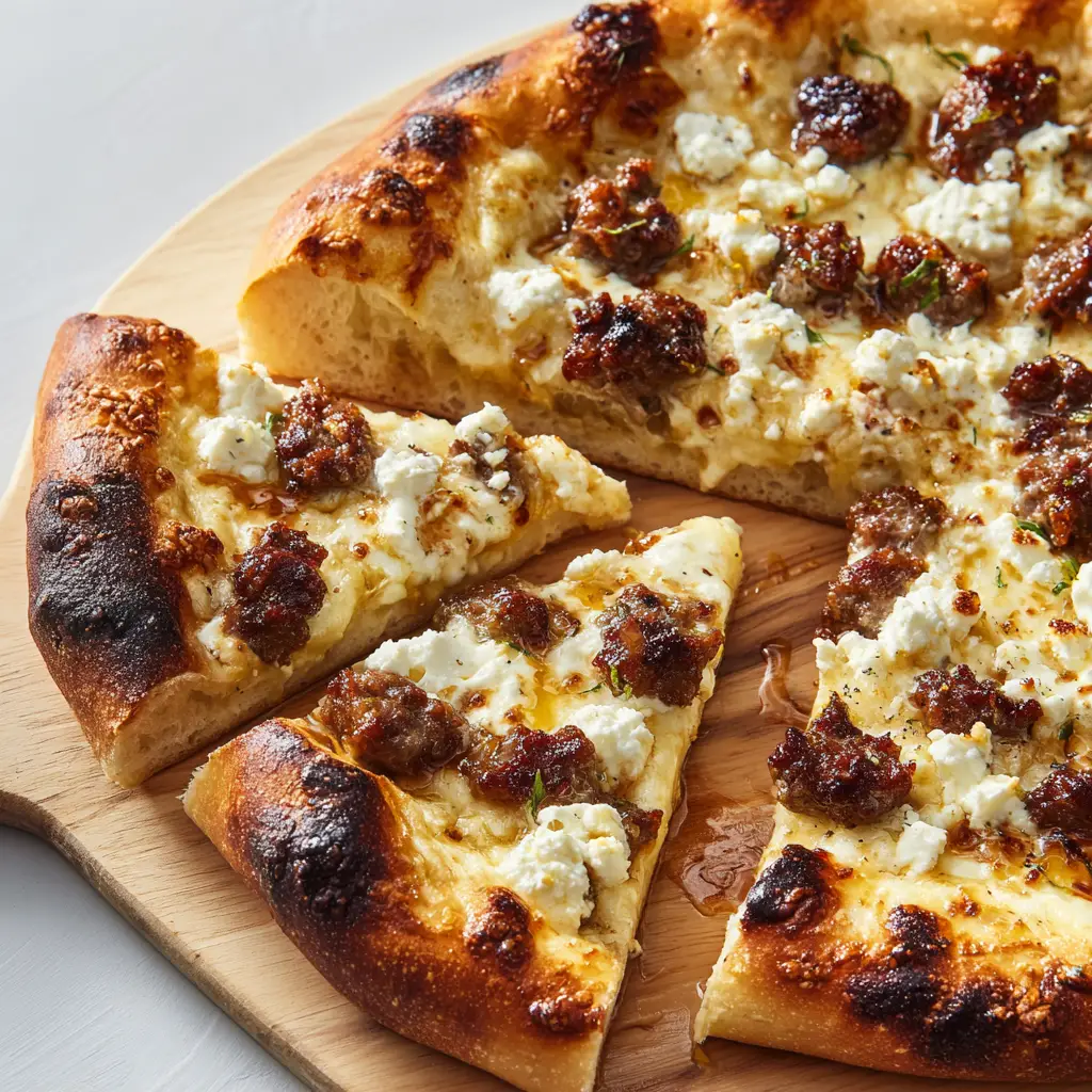 Close up of browned Italian sausage and bright white feta crumbles on a Sausage Feta Honey Pizza.