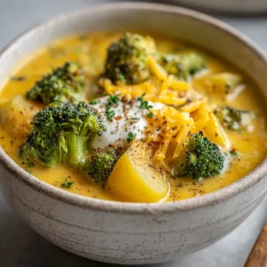 Close-up of thick, vibrant yellow-orange Creamy Broccoli Potato Soup in a white ceramic bowl.