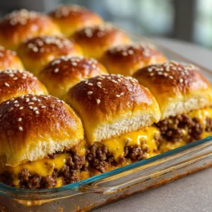 Cheeseburger Sliders with Sweet Hawaiian Rolls and Savory Beef 3 Close-up of baked Cheeseburger Sliders with glossy tops and melted yellow cheese. (Cheeseburger Sliders)