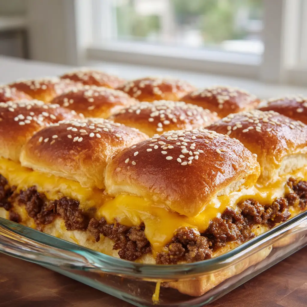 Cheeseburger Sliders with Sweet Hawaiian Rolls and Savory Beef 1 Macro view of melted American cheese dripping down savory beef crumbles in Cheeseburger Sliders.