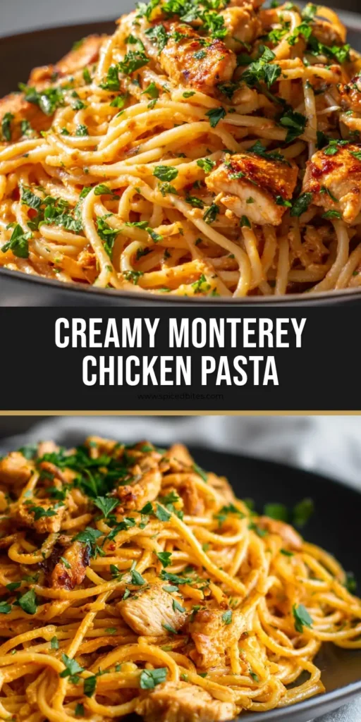 Monterey Chicken Spaghetti: The Ultimate Creamy Tomato and Seared Chicken Pasta 4 A tall pile of Monterey Chicken Spaghetti in a dark bowl featuring seared chicken and orange-tan cream sauce garnished with parsley.