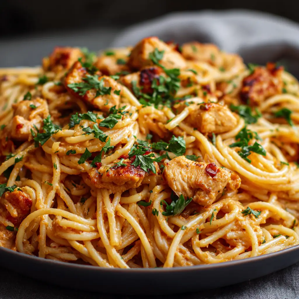 Monterey Chicken Spaghetti: The Ultimate Creamy Tomato and Seared Chicken Pasta 1 A shallow dark bowl filled with Monterey Chicken Spaghetti, showing green parsley flakes and seared chicken pieces.