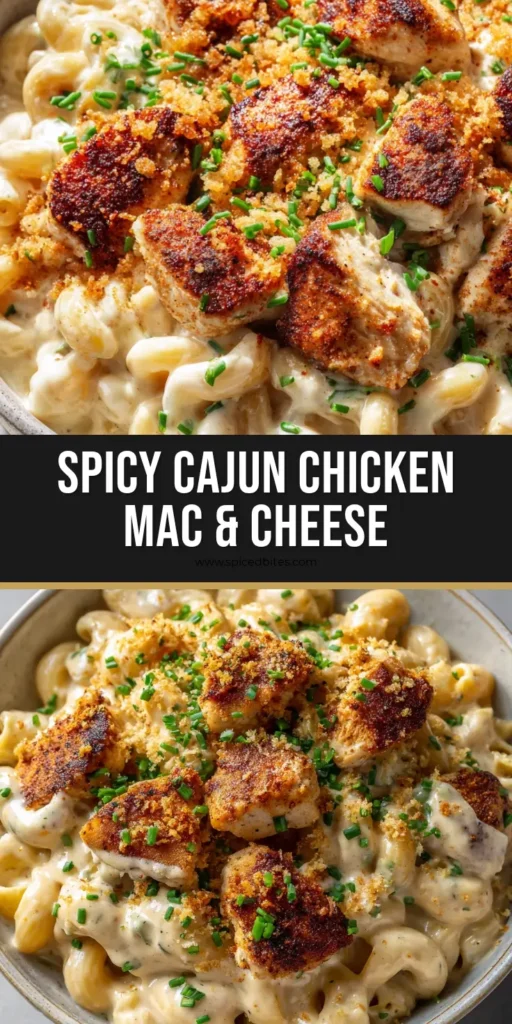 A rustic bowl of Cajun Chicken Mac and Cheese with seared chicken chunks, breadcrumbs, and chives.