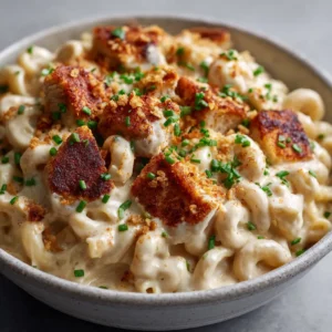 Extreme close-up of creamy Cajun chicken mac and cheese showing the thick velvety sauce and seared chicken chunks.